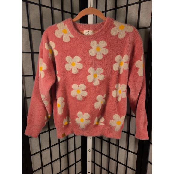 Simply Southern Sweaters - Simply Southern Pink Daisy Floral Eyelash Knit Fuzzy Sweater Womens Medium